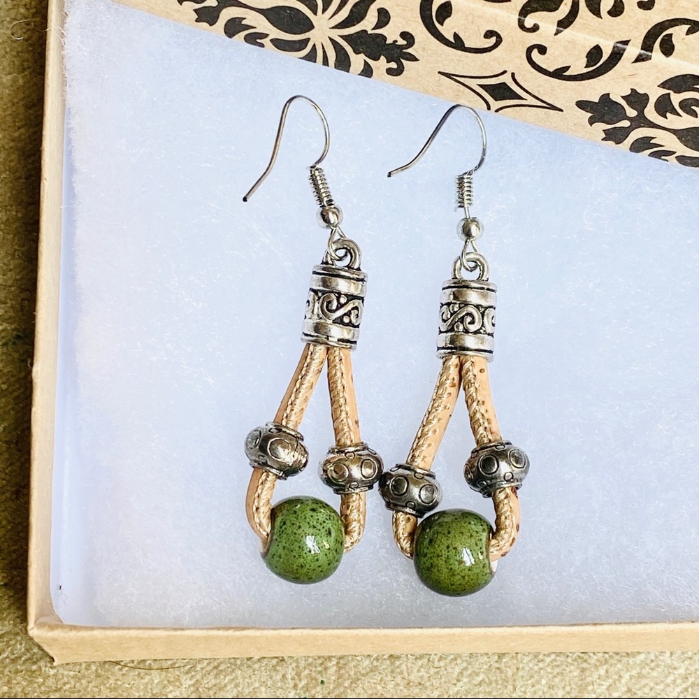 Natural Cork Green Ceramics Handmade Earrings